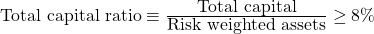  \mbox{Total capital ratio} \equiv \frac{\mbox{Total capital}} {\mbox{Risk weighted assets}} \geq {8\%} 
