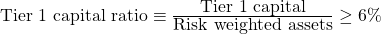  \mbox{Tier 1 capital ratio} \equiv \frac{\mbox{Tier 1 capital}} {\mbox{Risk weighted assets}} \geq {6\%} 
