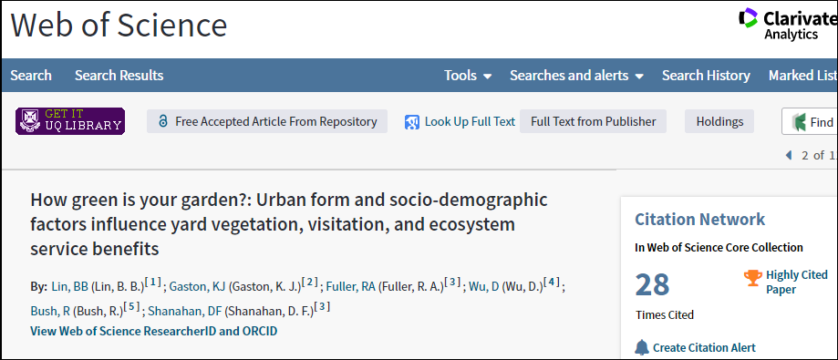 Web of Science record screenshot of article, How green is your garden?: Urban form and socio-demographic factors influence yard vegetation, visitation, and ecosystem service benefits