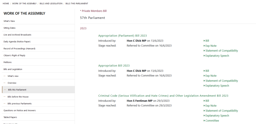 Screenshot of the Work of the Assembly page on the Queensland Parliament website showing a list of Bills currently before Parliament including links to the explanatory note and second reading speech.