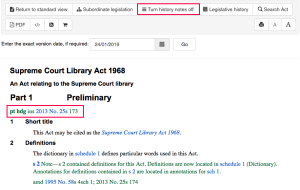 Screenshot showing the Supreme Court Library Act 1968 in the Queensland Legislation website. The image shows where the amending information is located underneath the sections of legislation.