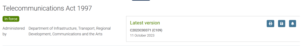 Telecommunications Act 1997, webpage showing Latest version that is currently in force. Latest version is indicated with the text Latest version shown in green.