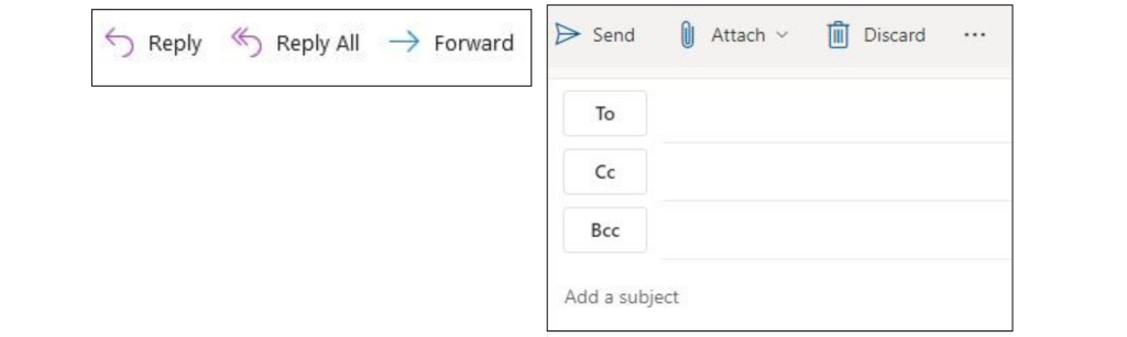 Email Reply, Reply all and Forward icons. Send To, Ccc and Bcc options