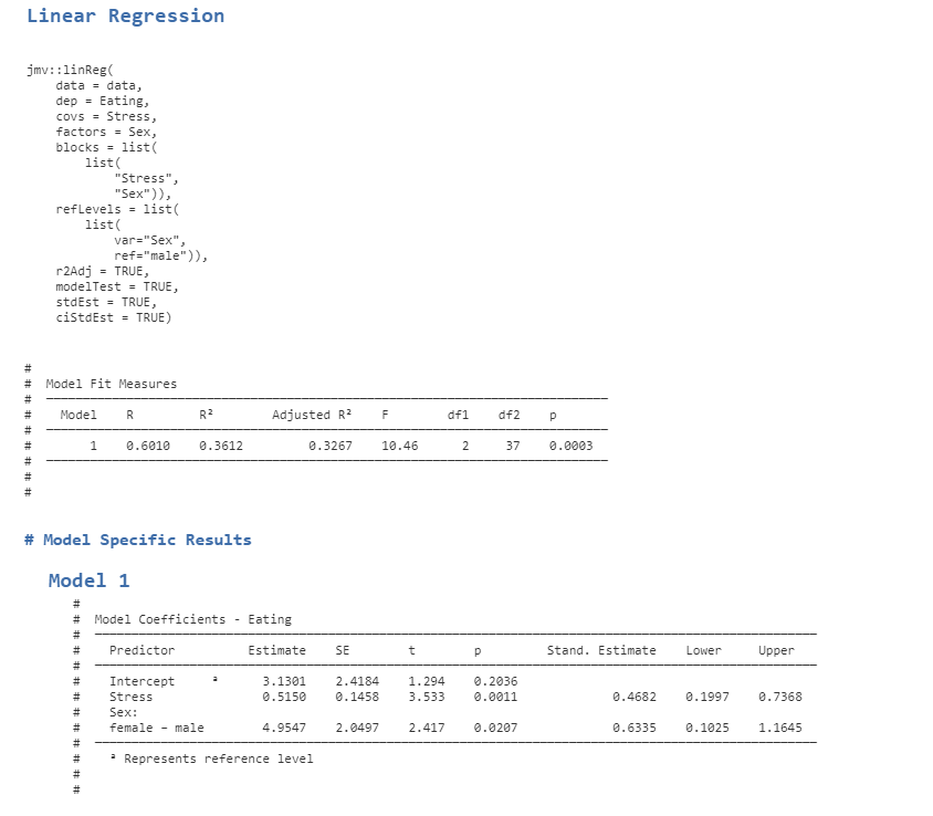 Output for linear regression