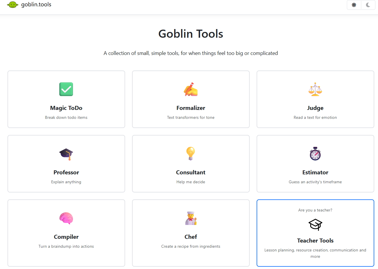 The main page of Goblin Tools website. Shows all the different tools available to use.