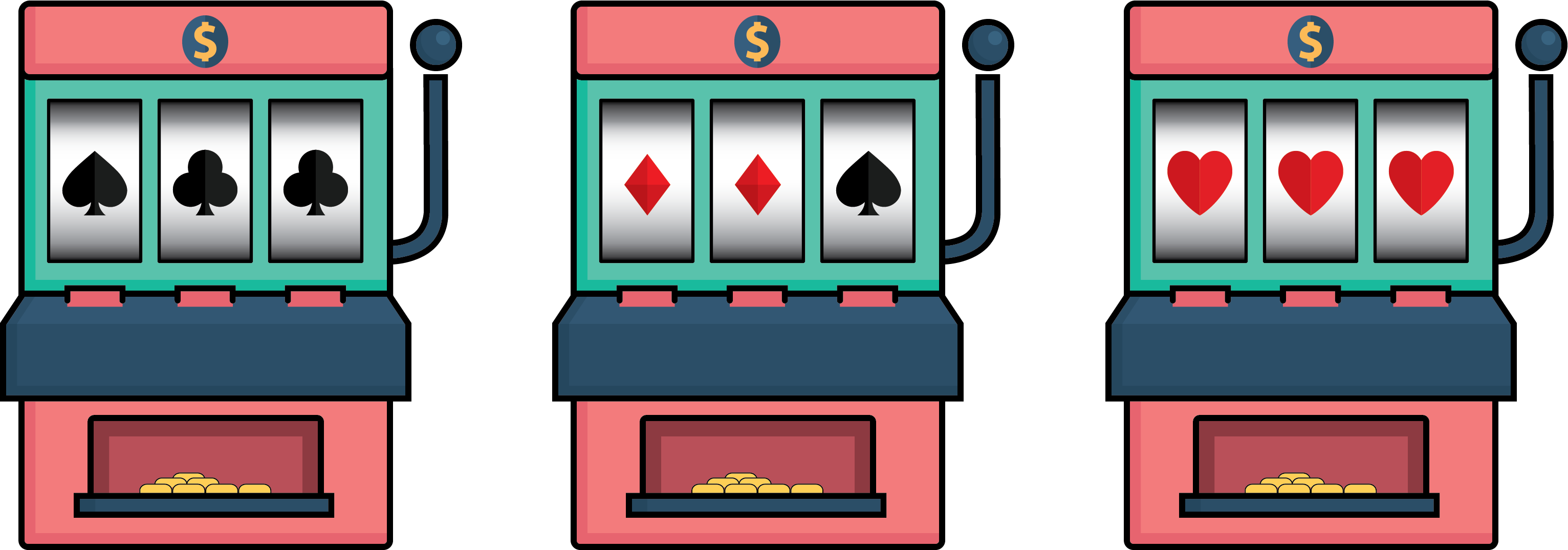 Three poker machines - left showing 1 spade and 2 clubs, middle showing 2 diamonds and 1 spade, right showing 3 hearts