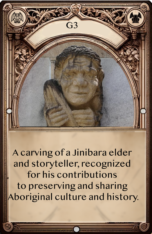 G3 - a carving of a Jinibara elder and storyteller.