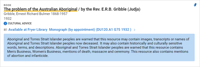 A cultural advice statement on a book record.
