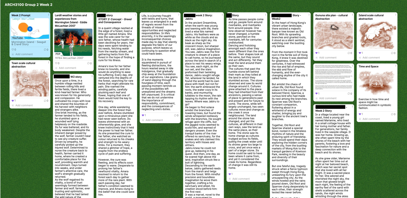 Padlet display of columns of storying responses with text and images.
