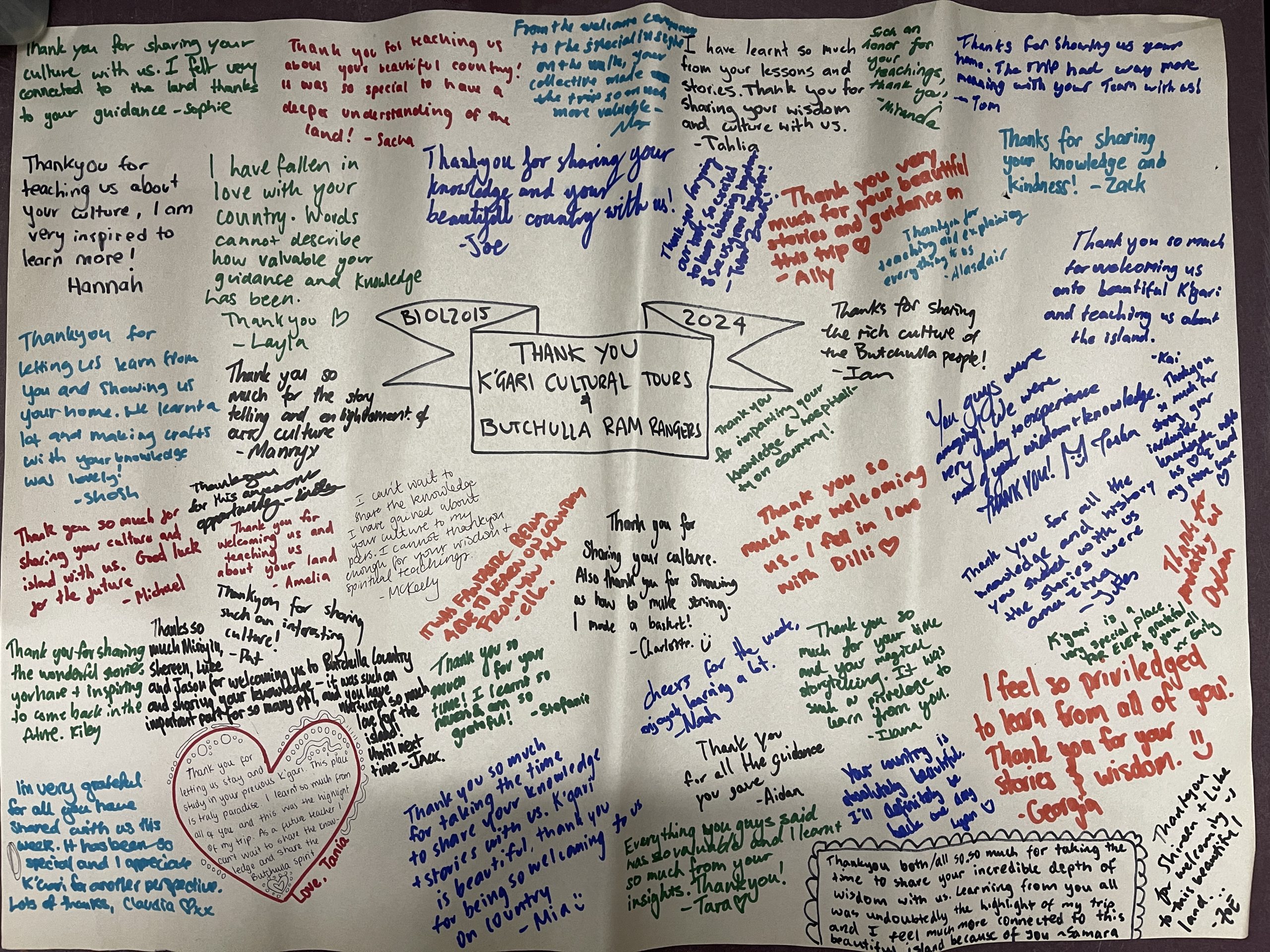 Many messages written on a board with Thank you K'Gari Cultural Tours and Butchulla Ram Rangers at the centre.