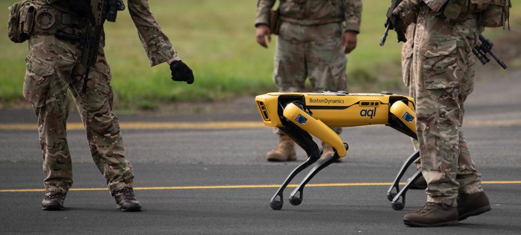 An RAF Leeming Airman interacts with a new Boston Dynamics Spot robot during Agile Liberty 21-2, Aug 25, 2021.