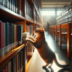 Image of a cat shelving books in a library created with AI