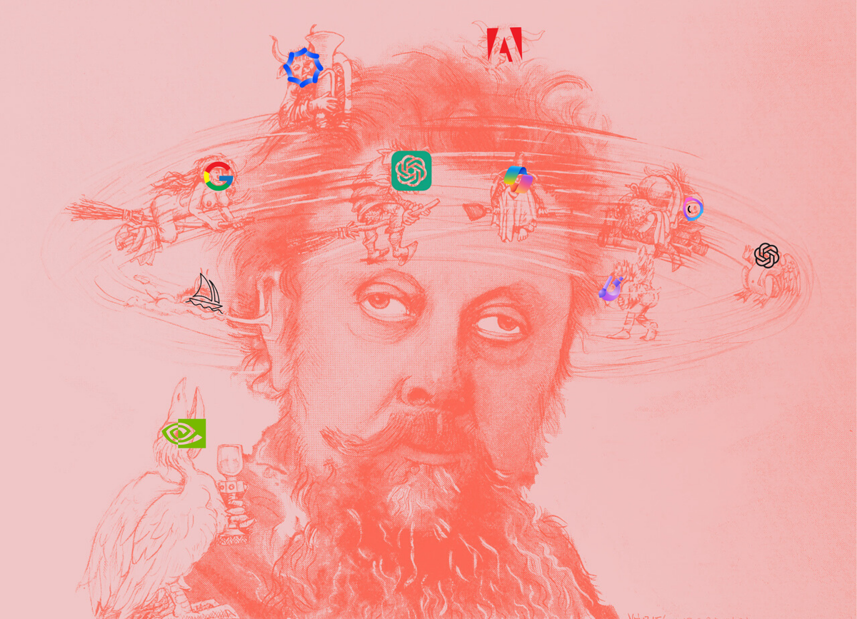 A red-toned illustration shows a man's head surrounded by swirling AI icons, with small, mischievous witch-like figures flying around him. The man's expression appears disoriented and fatigued, symbolizing the mental overload caused by the overwhelming flood of AI tools and news. The witches represent the chaotic, cackling nature of rapid AI developments, adding to the sense of dizziness and confusion.