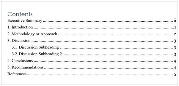 Example of a table of contents using the numbering for the main body.