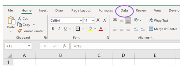 The location of the data option in the ribbon in excel. It the 6th option to the right from the "Home" ribbon