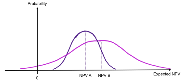 Two projects with different NPVs. NPV of project B is higher than NPV of Project A. Project B has a larger spread indicated by longer tails and a lower peak in the distribution.