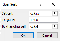 The inputs for the Goal Seek pop-up in this example are set cell $C$18, to value 1,500 and by changing $C$7. Click OK after filling in this information to get the solution