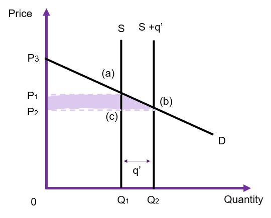 A market with perfectly elastic demand and perfectly inelastic supply. Government intervention increasing the supply of the good by q' units. shifting the supply curve to the right from s to s+q'. This decreases the price from p1 to p2.