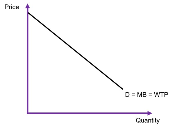The inverse demand function with price on the x axis and the quantity on the y axis. The demand curve is linear and downwards sloping.