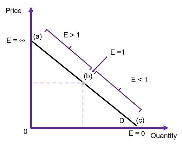 A demand curve illustrating that along a linear demand curve the elasticity changes but the slope remains the same