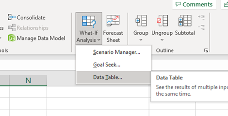 Once you click on Data, you need to then select What-If Analysis and then select the data table... as shown in this figure