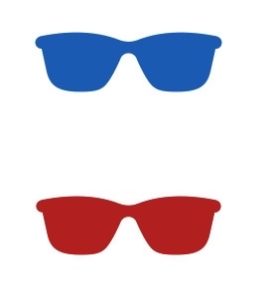 Blue sunglasses above red sunglasses