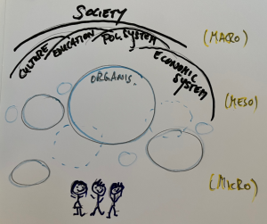 Organisations sit under overarching areas: Society at top with culture, education, political system and economic system under it. Macro, Meso and Micro. Group of people at bottom.