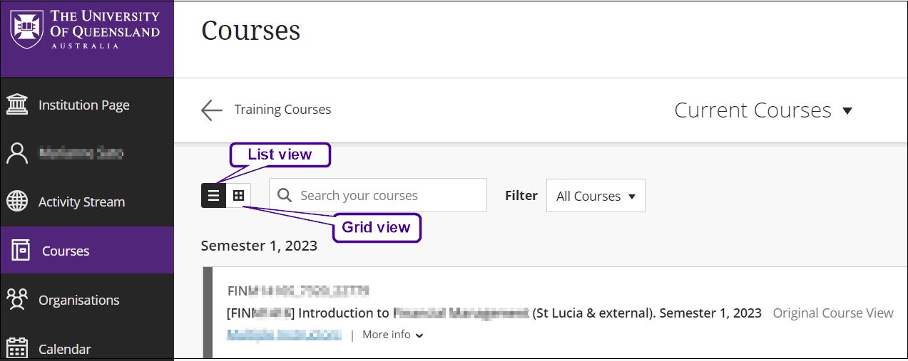 Course page showing List view and Grid view options