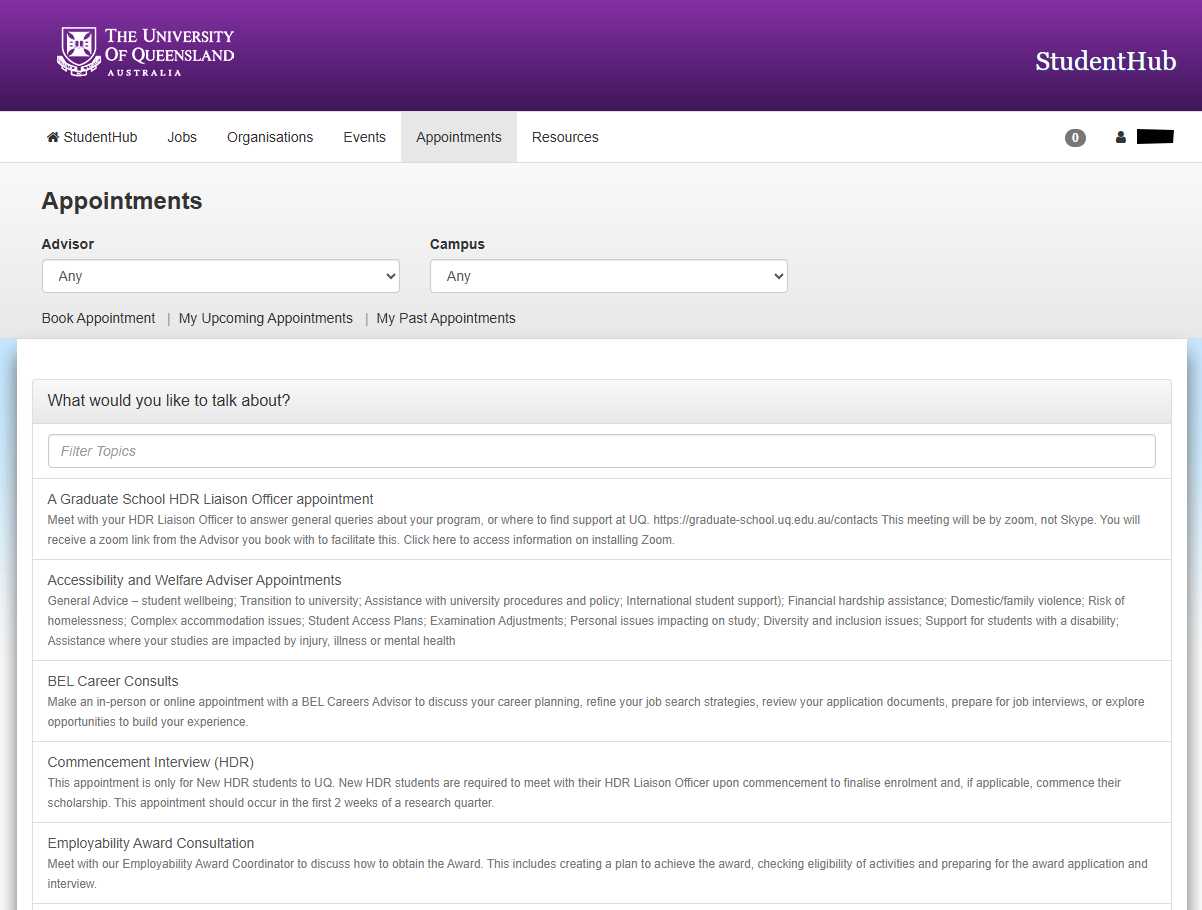 Search appointments in Studenthub