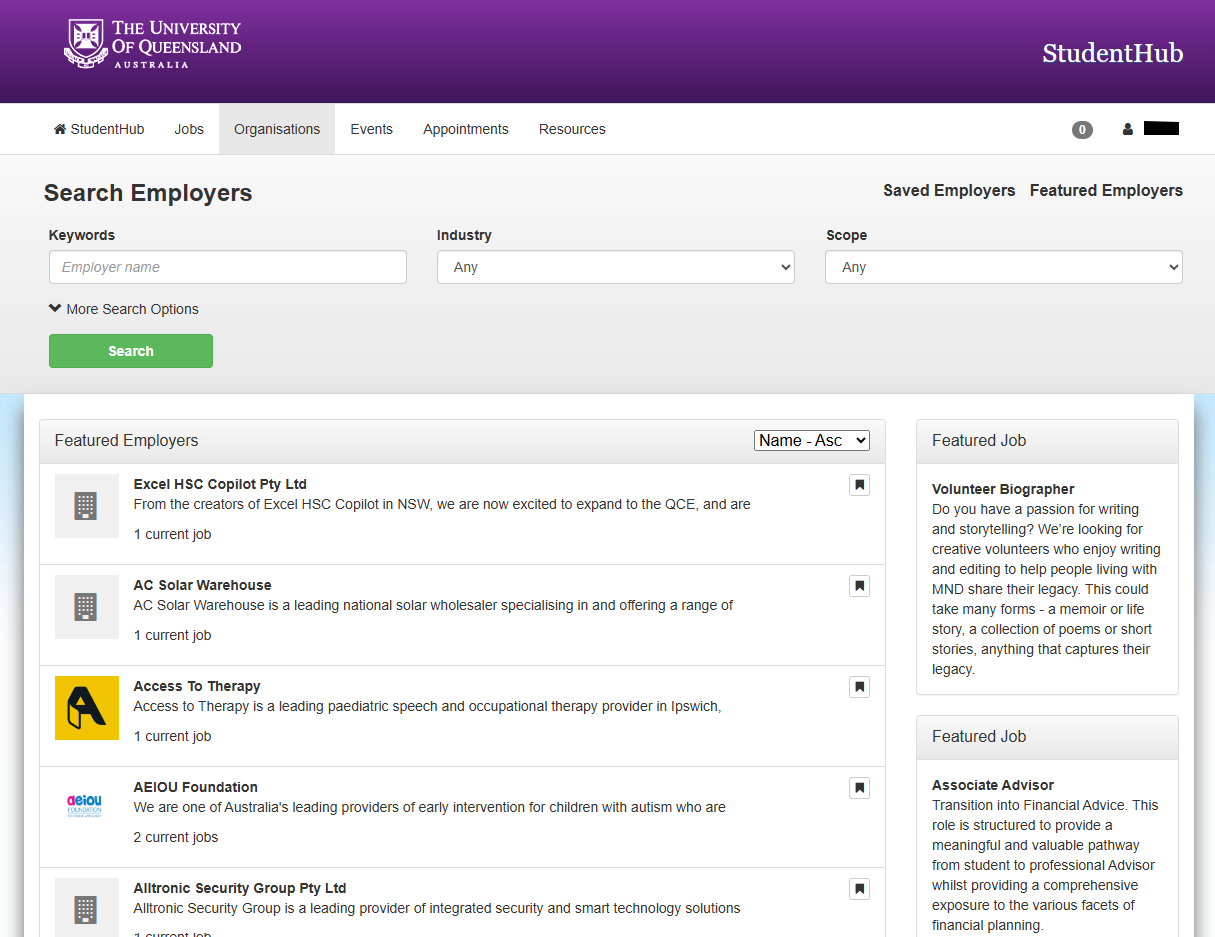 Studenthub employer search interface