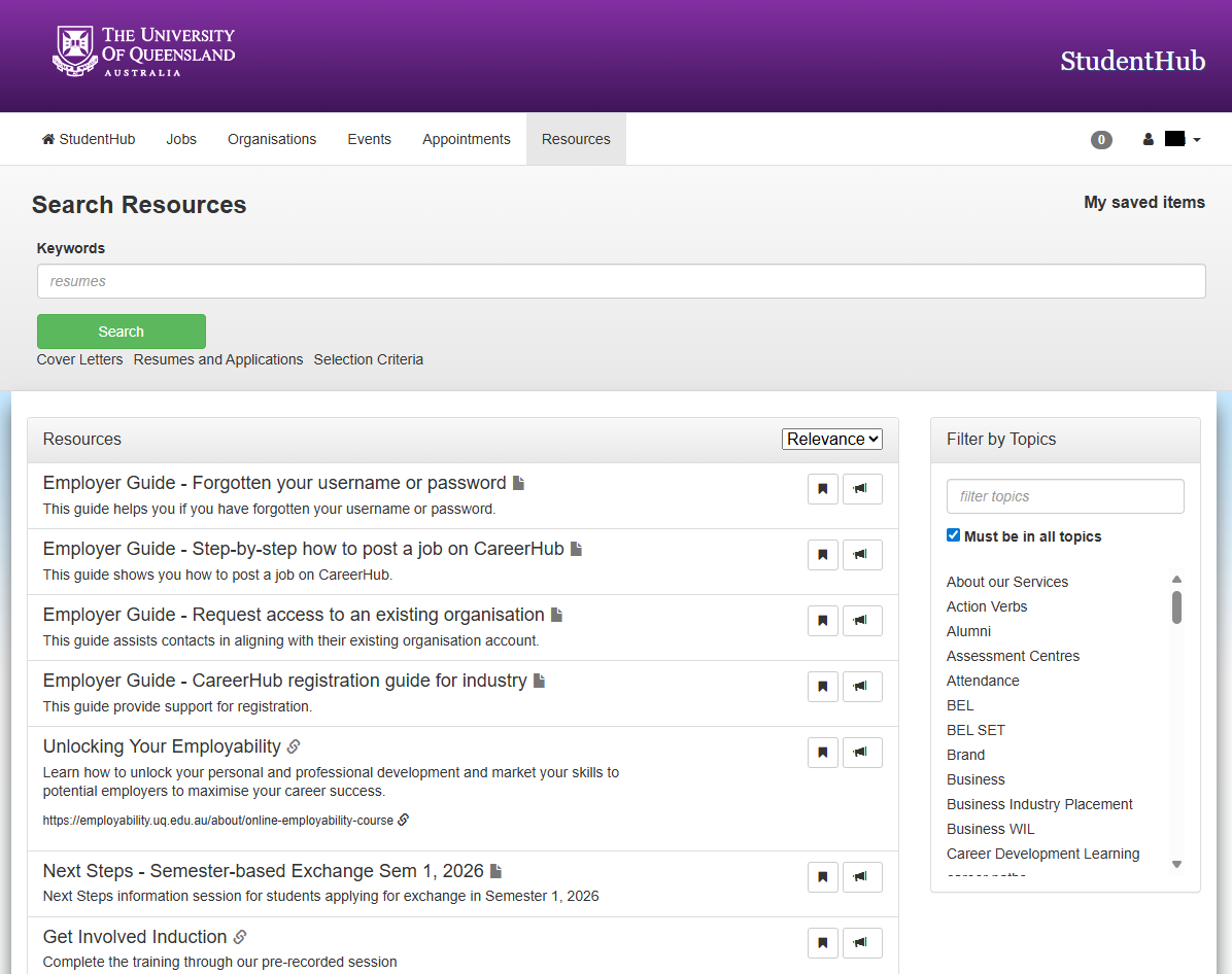 Search resources in Studenthub