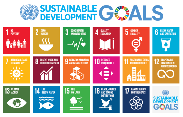 An image with 18 boxes arranged in 3 rows. 17 of the boxes indicate the 17 sustainable development goals, and the 18th box says 'Sustainable Development Goals'. The title says 'Sustainable Development Goals with the UN logo on the left.