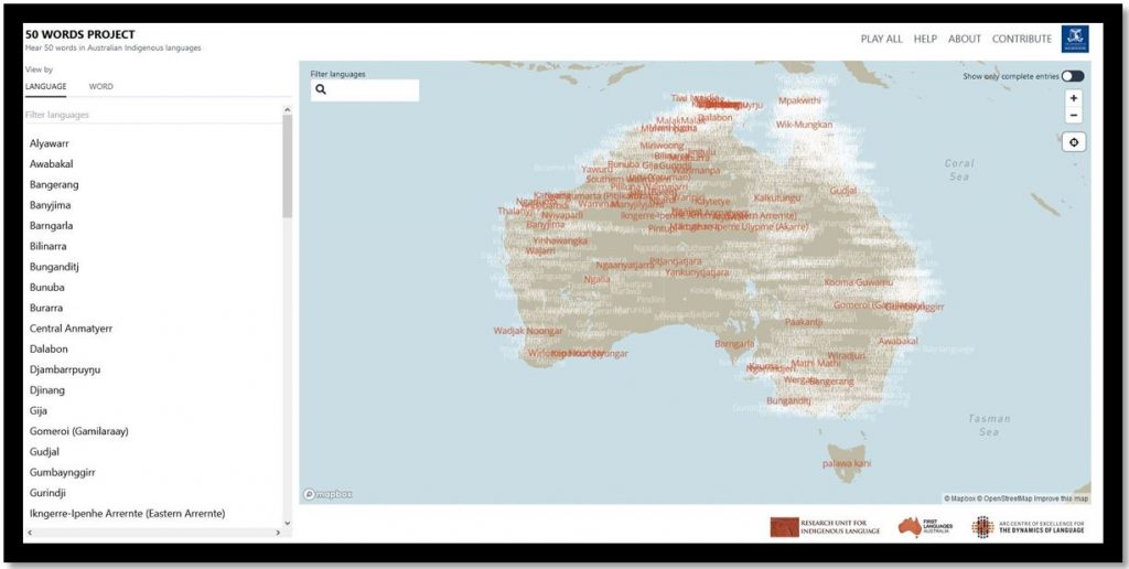 A screenshot of the 50 words website. The screenshot has a map of Australia covered in Indigenous words. On the left hand side is a list of languages to select from.