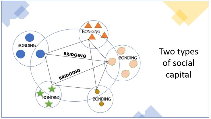 A graphic which has text on the right hand side stating 'Two types of social capital'. On the left hand side is a circle with five smaller circles scattered around. These circles represent bonding social capital. Lines connect the circles, which represent bridging social capital.