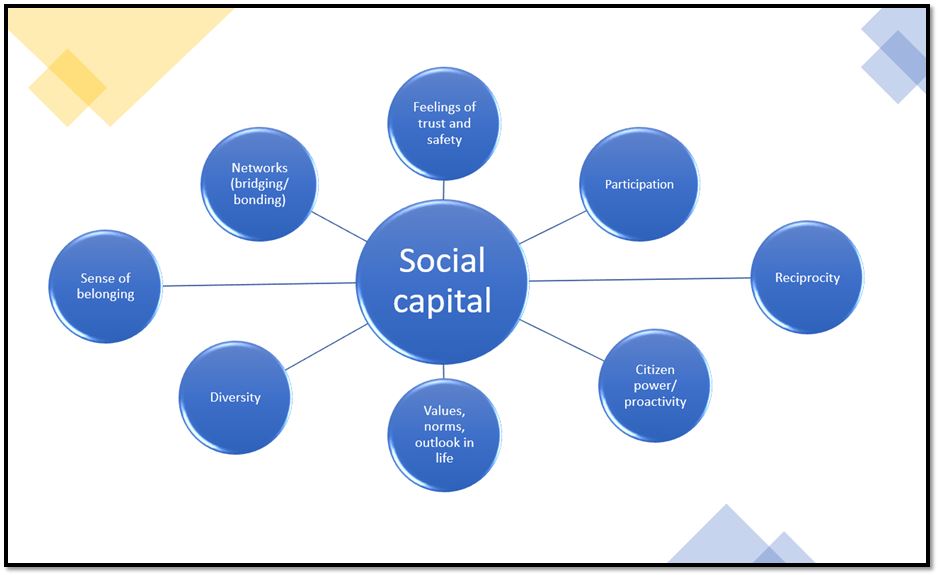 A graphic of social capital. A large blue circle is in the middle of the graphic, with the text 'social capital' inside. Eight lines radiate from the circle, each to a smaller circle. Inside these smaller circles are the words: feelings of trust and safety, participation, reciprocity, citizen power/proactivity, values norms outlook in life, diversity, sense of belonging, networks (bridging/bonding).