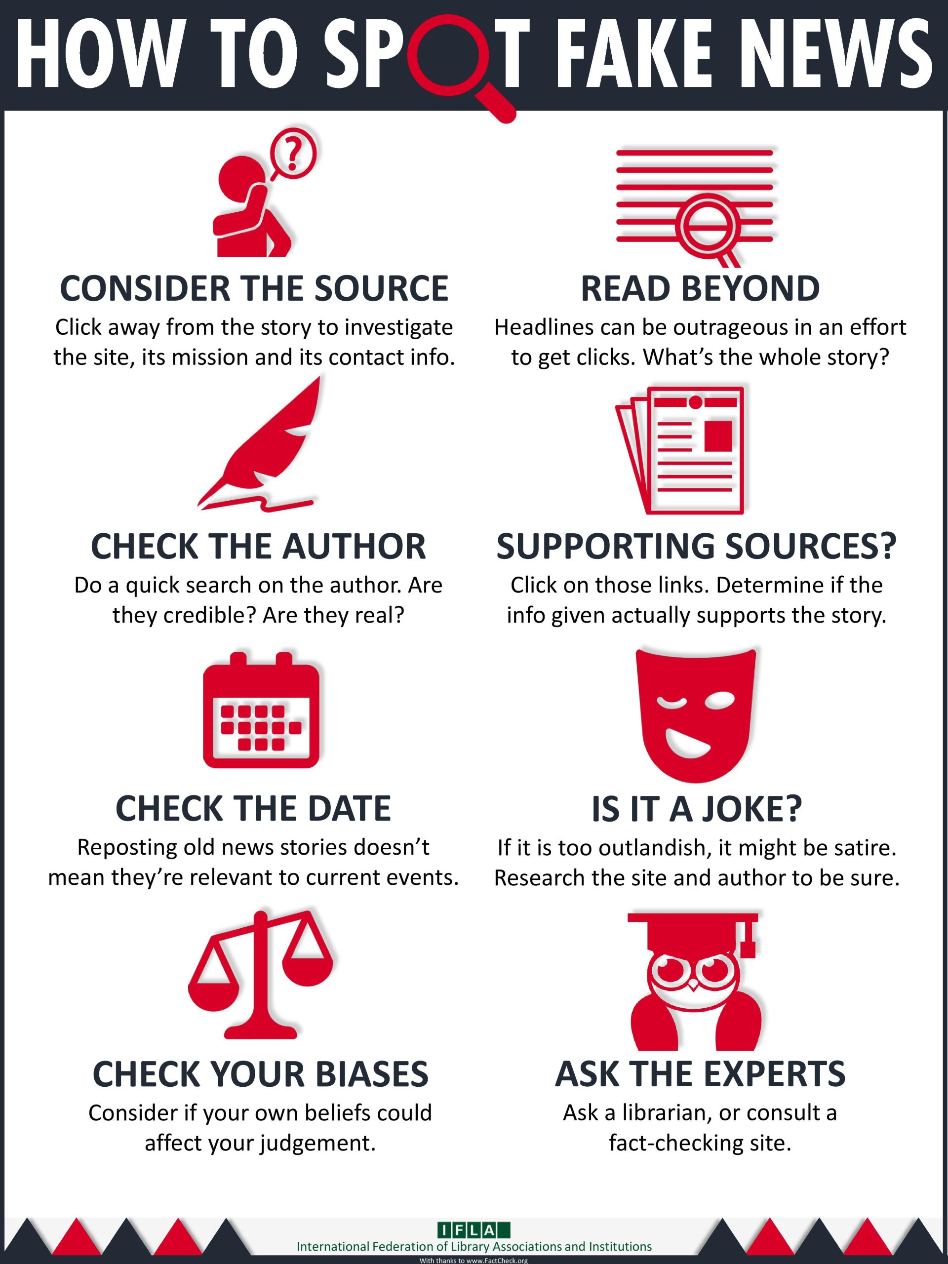 Consider the source, Read beyond, Check the author, Supporting sources, Check the date, Is it a joke?, Check your biases, Ask the experts.