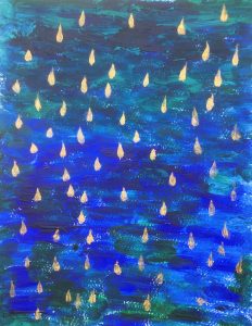 Painting by Julianna Priskin to accompany the above text. The original is A4 size acrylic on paper. The picture is dominated by strong colours of marine blue and aquamarine green. The picture has small 70 golden drops falling.