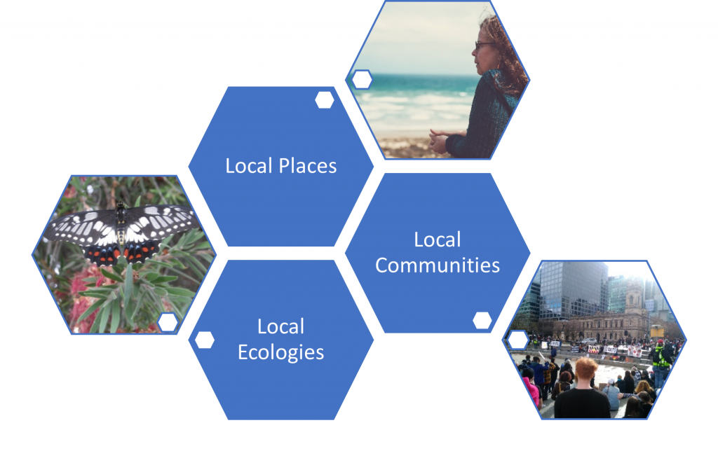 6 hexagonal shapes. A photo of a butterfly, a photo of a woman looking at the ocean, a photo of a city. The text 'local places', 'local ecologies', 'local communities'