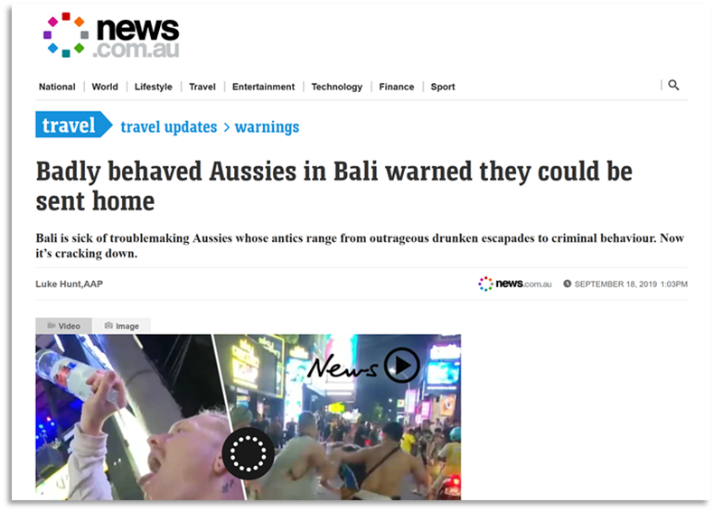 News story with the headline 'Badly behaved Aussies in Bali warned they could be sent home' and photos of people drinking and running.