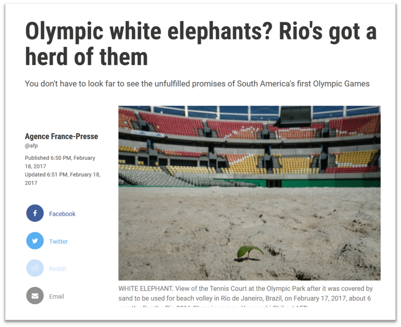 A news story with the headline &#039;Olympic white elephants? Rio&#039;s got a heard of them&#039; and the sub-headline &#039;You don&#039;t have to look far to see the unfulfilled promises of South America&#039;s first Olympic Games