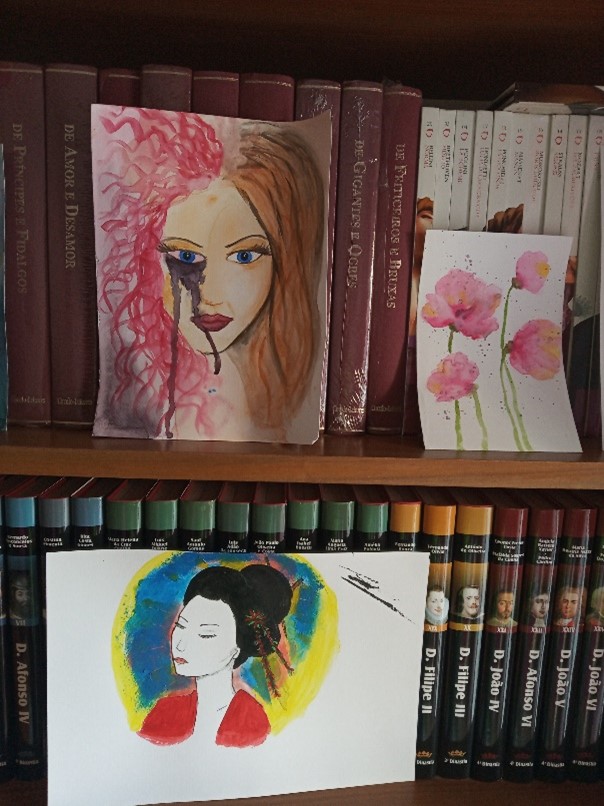 My paintings: a woman looking “normal” on one side and crying purple paint and with red hair on the other side (my first rather serious attempt to paint with watercolors); pink poppies in watercolor; a geisha with a colorful background in acrylics.
