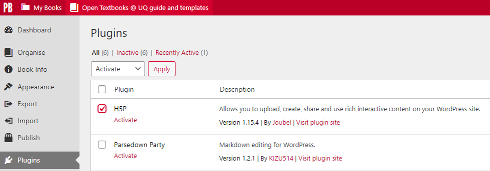 Select H5P to activate the plugin