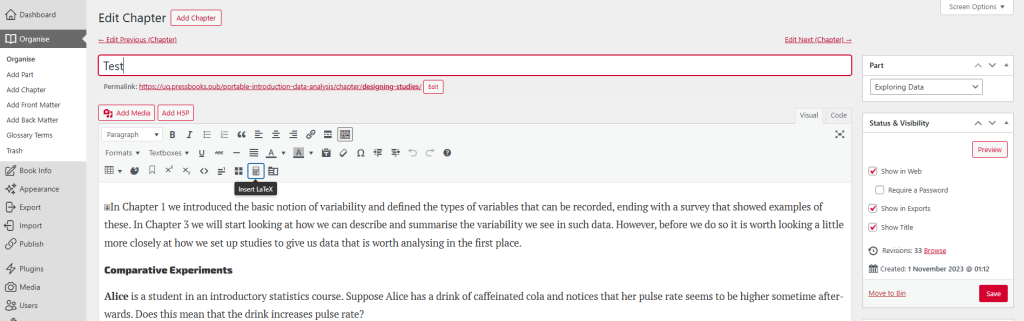 Pressbooks edit chapter interface with Insert LaTeX button highlighted