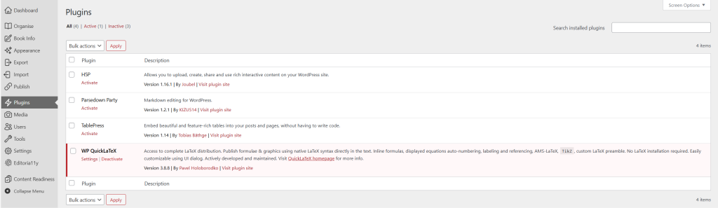 The plugin page of a Pressbook showing WP QuickLaTeX is active.