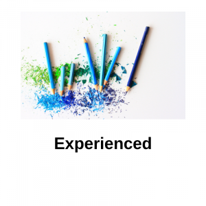 Blue and green pencil crayons are arranged on top of blue and green pencil shavings. The word 'experienced' is underneath.