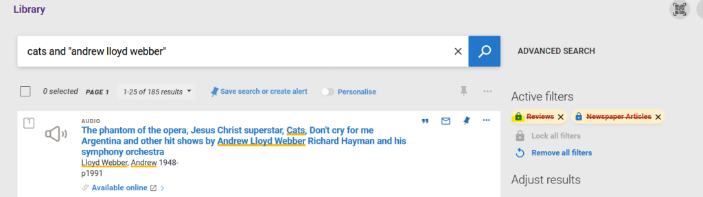 Screenshot showing a search of the terms cats and Andrew Lloyd Webber in Library search. On the right hand side of the screen, under the heading Active filters is the lock icon next to Reviews.