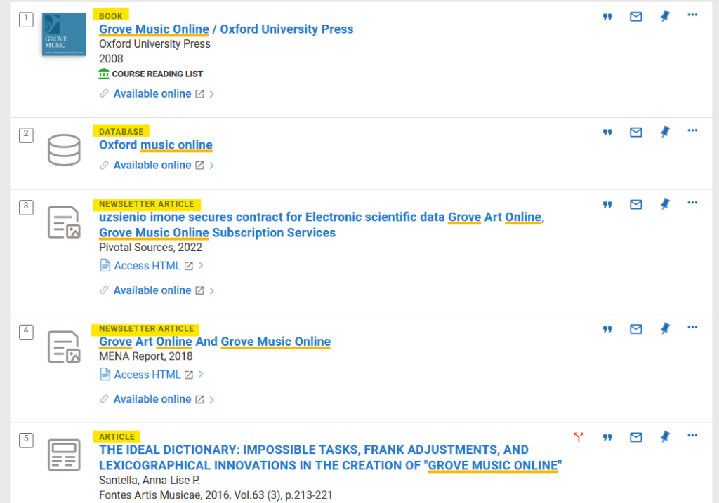 Screenshot showing Library search results for grove music online. This screenshot shows different resource types including a book, database, newsletters, and an article with grove music online in the title.
