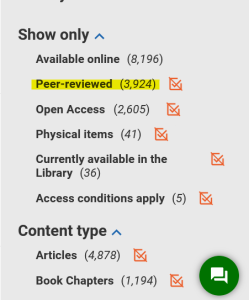 Screenshot showing peer-reviewed filter in Library Search.