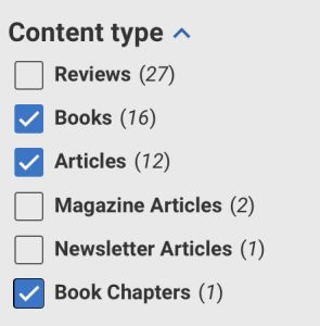 A screenshot of a section of the sidebar in the UQ Library search page showing selection of sources by Content Type. "Books," "Articles" and "Book Chapters" are checked; "Reviews," "Magazine Articles" and "Newsletter Articles" are unchecked.