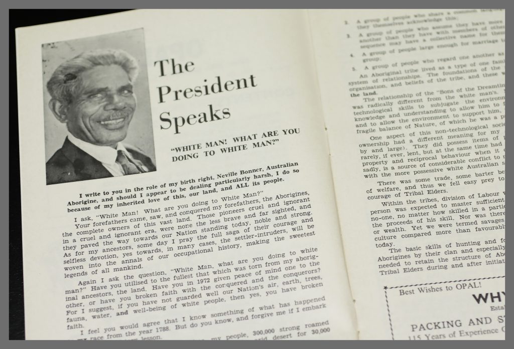 Photo of Neville Bonner and editorial text in OPAL